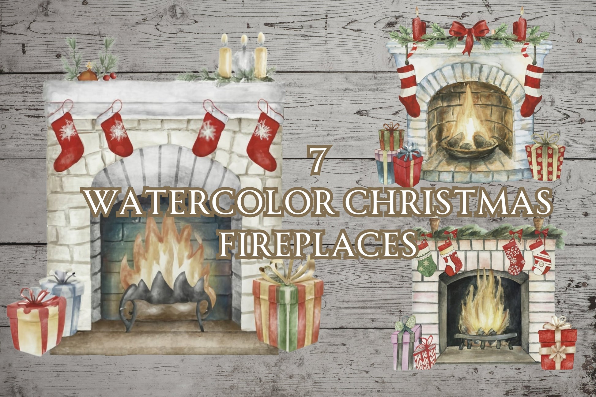 7 Watercolor Christmas Fireplaces - Sunny Jar Personalized Designs